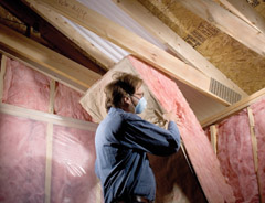 A technician carrying batt insulation that is going to be installed in a wall.