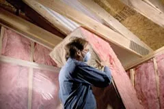 Technician installing pink batt fiberglass insulation in the rafters
